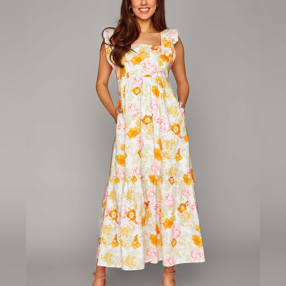 ANASTASIA RUFFLE SHOULDER MIDI DRESS - CREAMSICLE
